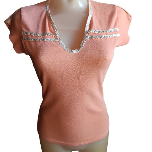 Vintage T-shirt Small 1980's Peach Blouse Disco Women's Satin Trimmed V-Neck - Picture 2 of 8